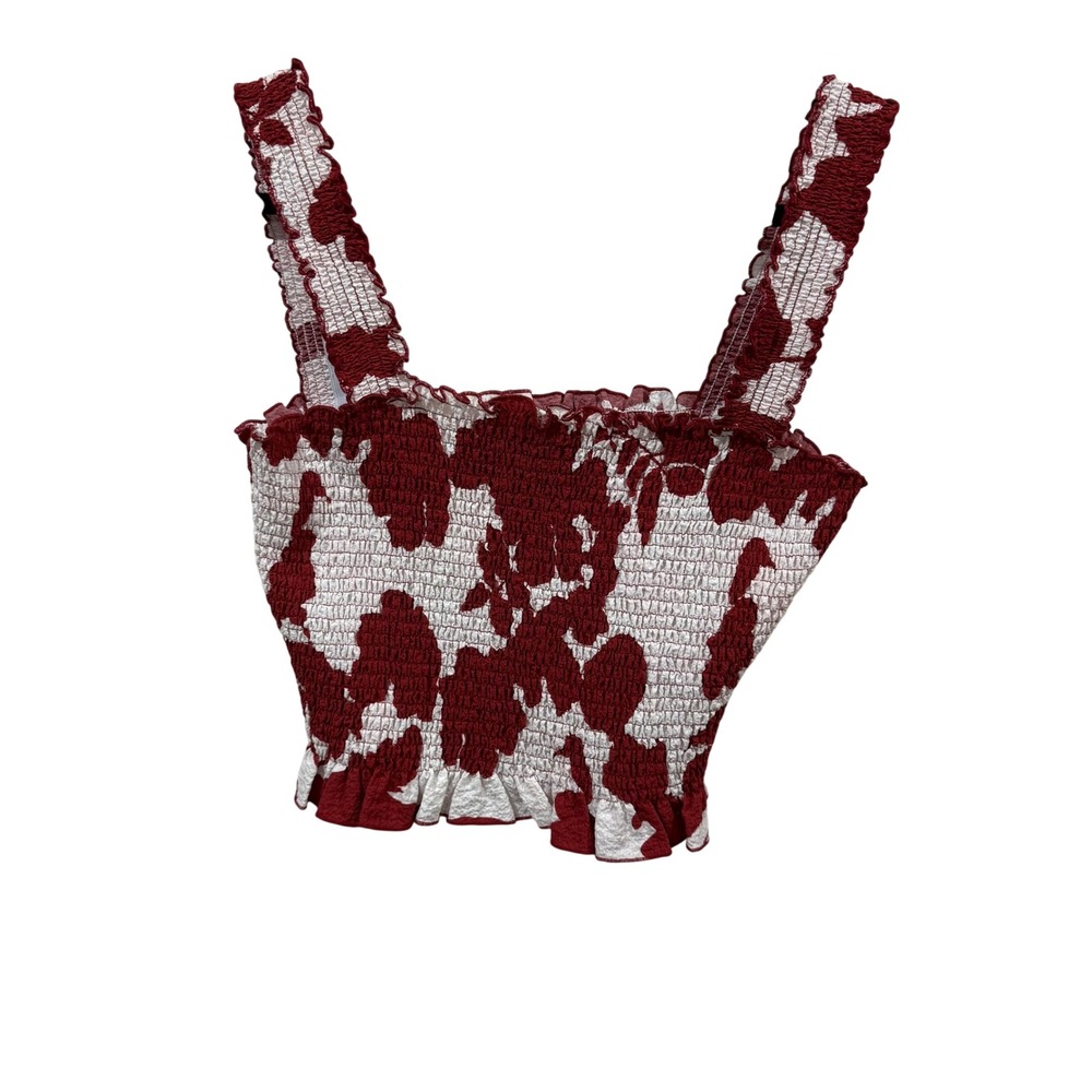 Doe and Rae Ivory Red Smocked Cow Print Crop Top 45611T Small NEW